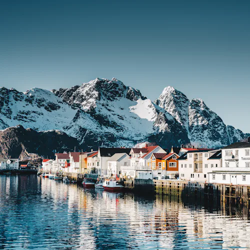Mountains and buildings in the Lofoten Islands in Norway