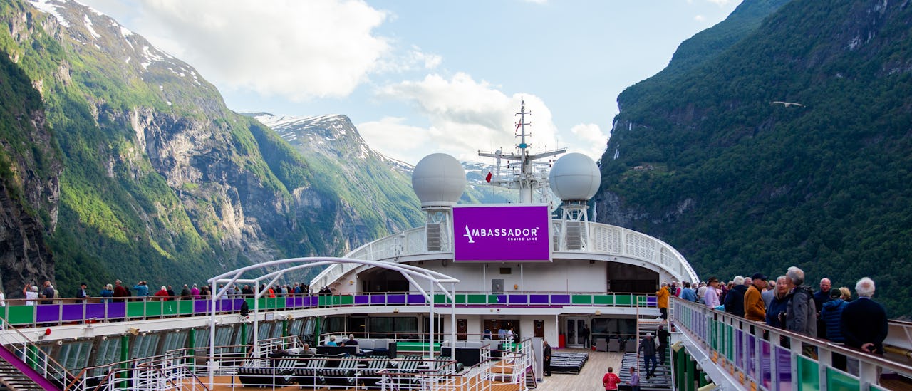 An Ambassador Cruise Line ship in Geiranger