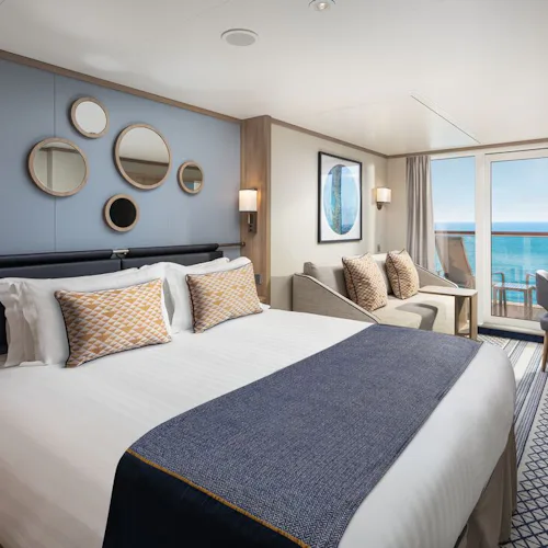 A bed in a Balcony Cabin onboard Iona, P&O Cruises ship